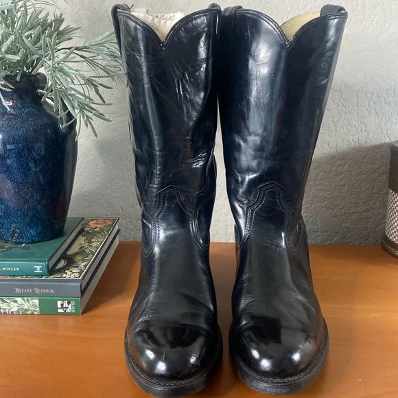 Mens ACME Black Leather Cowboy Work Boots Oil Resistant 10.5 - Picture 3 of 10